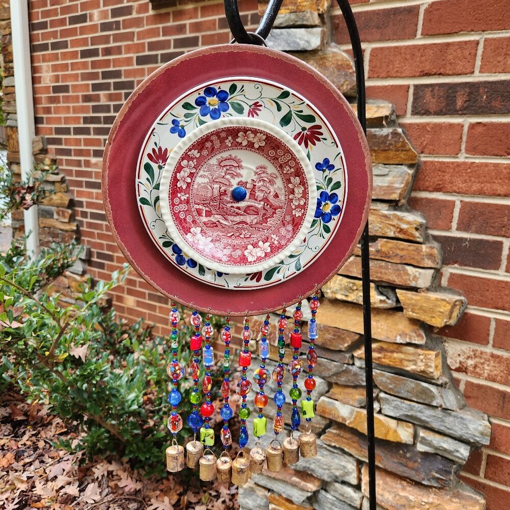 Red Floral Plate Dish Flower Windchime Sun Catcher Lampwork Beads Tin Bells